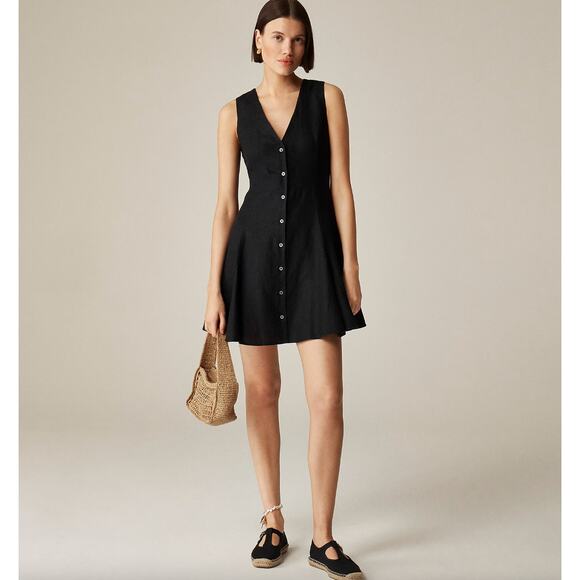 J.Crew Linen Mini Dress A Line Black Minimalist Classic Cinched V Neck US 10 NWT - Picture 1 of 12